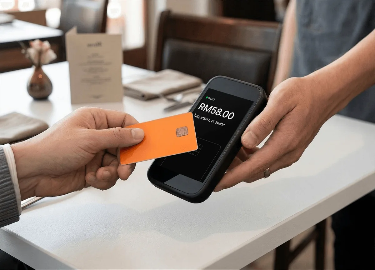 Customer tapping a contactless card on the StoreHub Pay terminal
